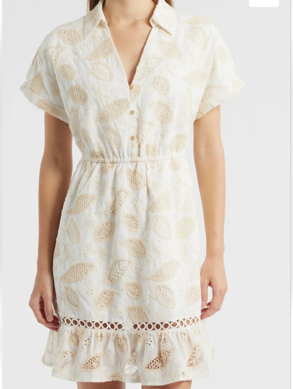 Sam Edelman Embroidered Leaf-Print Shirt Dress in Cream & Beige